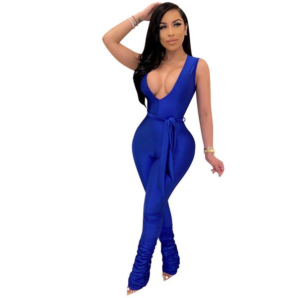 women blue jumpsuit deep v-neck sleeveless black bodysuit ladies fashion skinny red stacked jumpsuits long pants streetwear 210414, Black;white